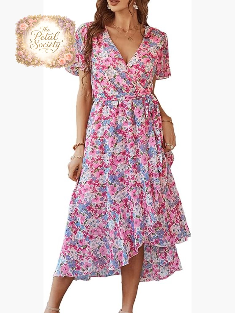 Summer Floral Maxi Dress Wrap V Neck Ruffle Long Sleeve Boho Wedding Guest